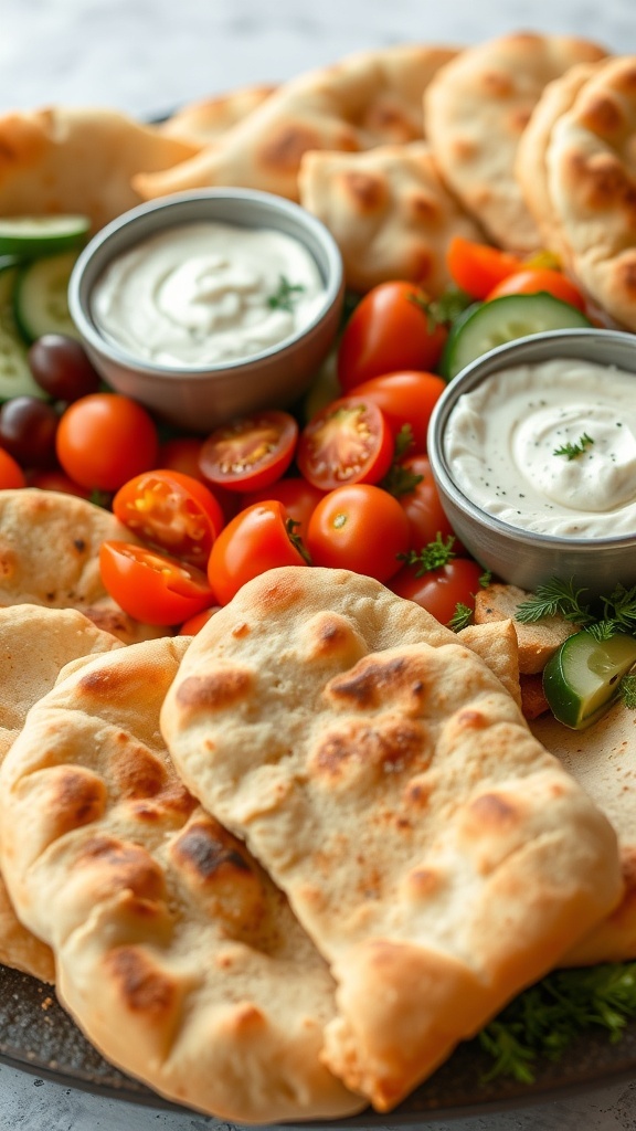 Mediterranean Pita Bread Platter Recipe A Mediterranean platter with pita bread, hummus, tzatziki, fresh vegetables, and olives.
